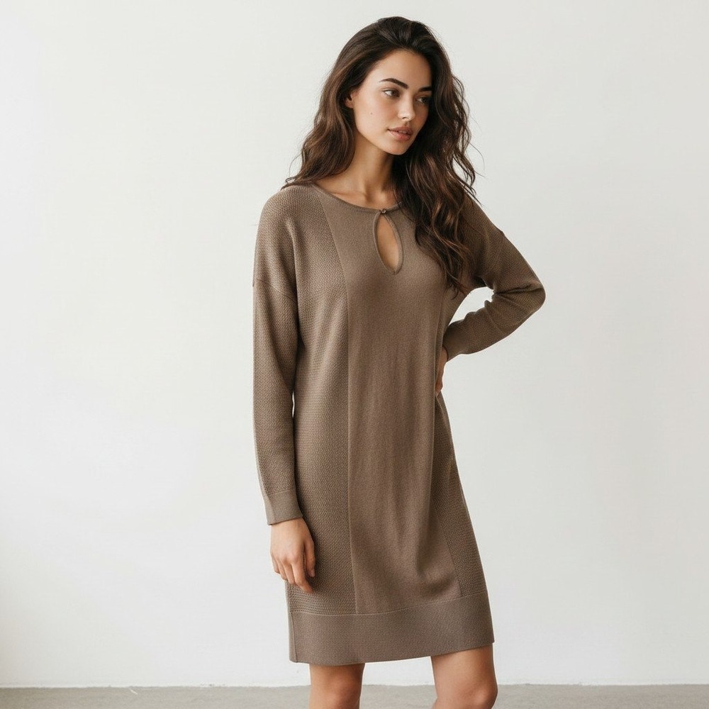 Peruvian Connection Pima Cotton Modal Knit Keyhole Tunic Dress Taupe Brown XS